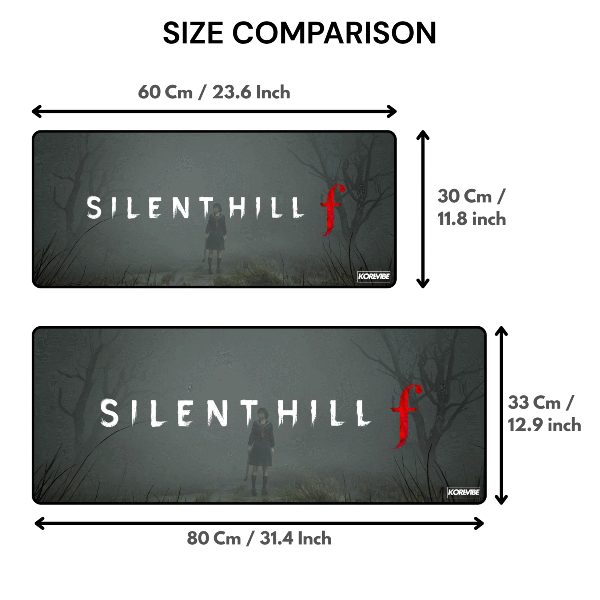 Silent Hill F gaming mouse pad size comparison between 60×30 cm and 80×33 cm – extended desk mat options for PC setups.
