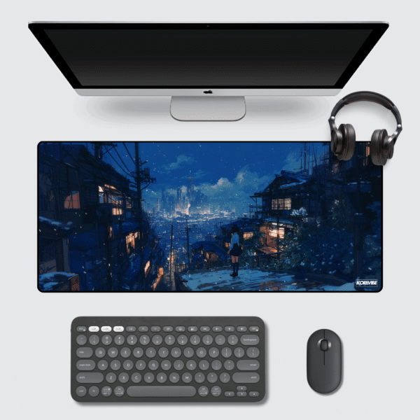 Snowy Night Cityscape gaming mouse pad 60×30 cm – large extended desk mat with winter city skyline art.