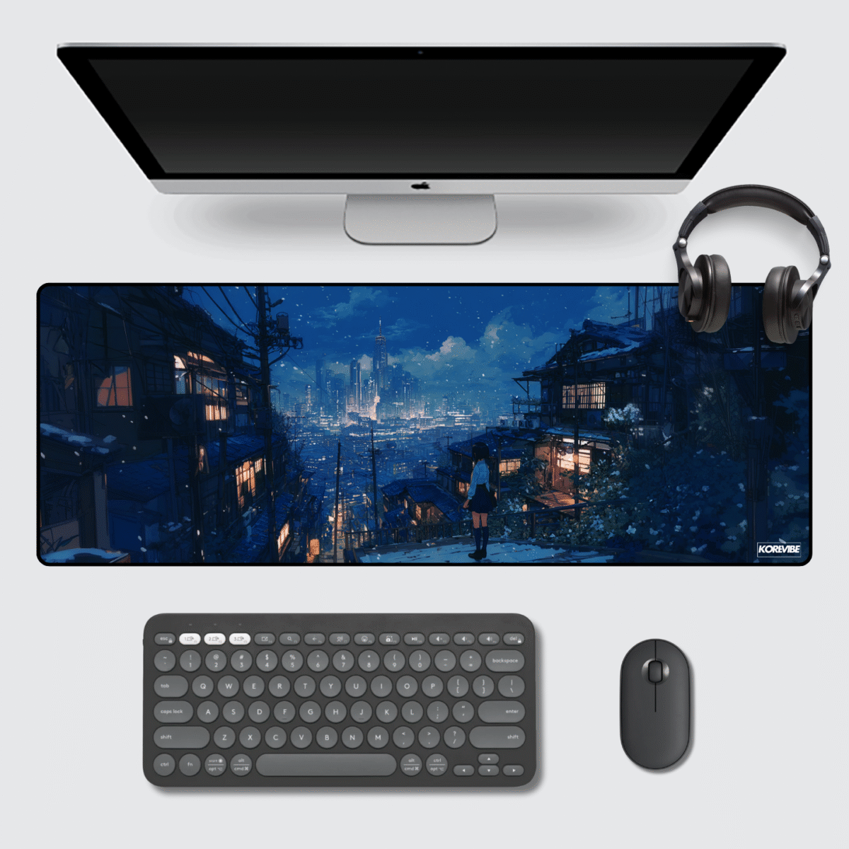 Snowy Night Cityscape gaming mouse pad 80×33 cm – non-slip extended desk mat for PC and office setups.