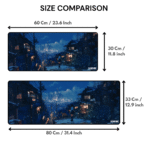 Snowy Night Cityscape gaming mouse pad size comparison – 60×30 cm vs 80×33 cm extended desk mat options.