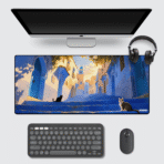Sun-Drenched Blue City Gaming Mouse Pad 60×30 cm – Moroccan street art desk mat with cats and warm sunlight