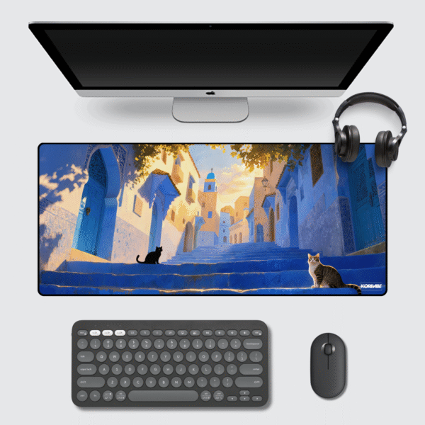 Sun-Drenched Blue City Gaming Mouse Pad 60×30 cm – Moroccan street art desk mat with cats and warm sunlight