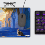 Sun-Drenched Blue City Gaming Mouse Pad on desk β Chefchaouen-inspired blue staircase art for gamers and creators