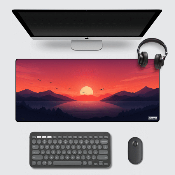Sunset Minimalist Gaming Mouse Pad 60×30 cm – extended sunset lake desk mat with synthwave vector art for PC and office setups.