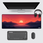 Sunset Minimalist Gaming Mouse Pad 80×33 cm – XL non-slip extended desk mat featuring vibrant synthwave vector sunset lake art for gamers.
