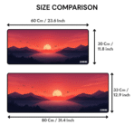 Sunset Minimalist Gaming Mouse Pad size comparison between 60×30 cm and 80×33 cm – extended desk mat options.