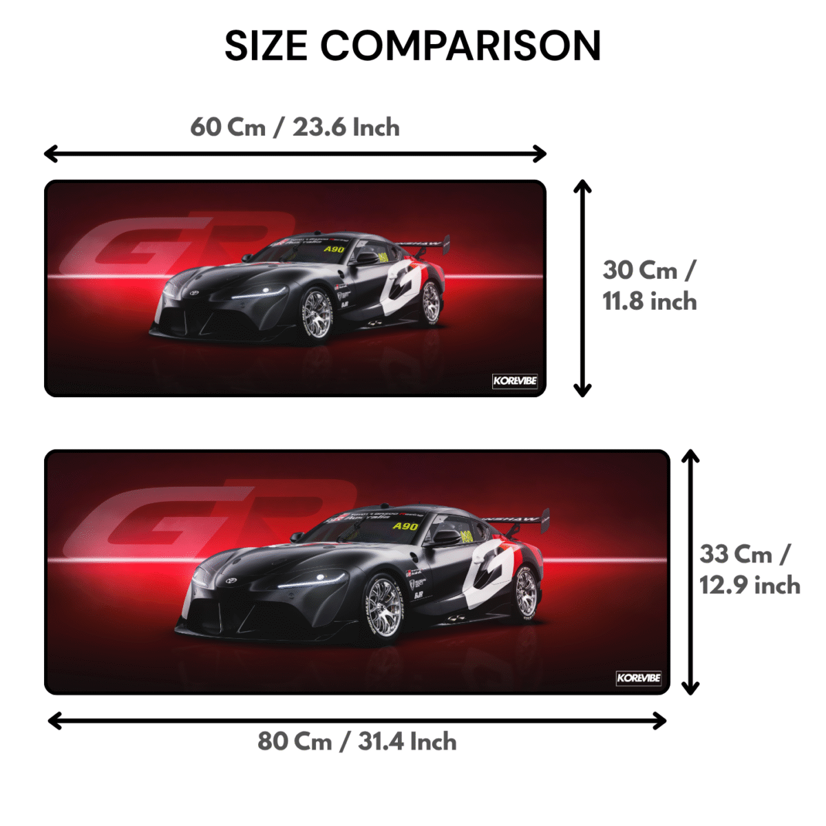 Toyota GR Supra A90 Gaming Mouse Pad size comparison – available in 60×30 cm and 80×33 cm.