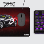 Toyota GR Supra A90 Gaming Mouse Pad on desktop setup – racing-inspired non-slip desk mat for gaming and office use.